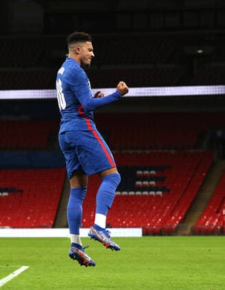 Jadon Sancho (England) celebrates scoring the second England goal (2-0) at the England v Republic of Ireland International Friendly, Länderspiel, Nationalmannschaft match at Wembley Stadium, London, UK on 12 November, 2020. 