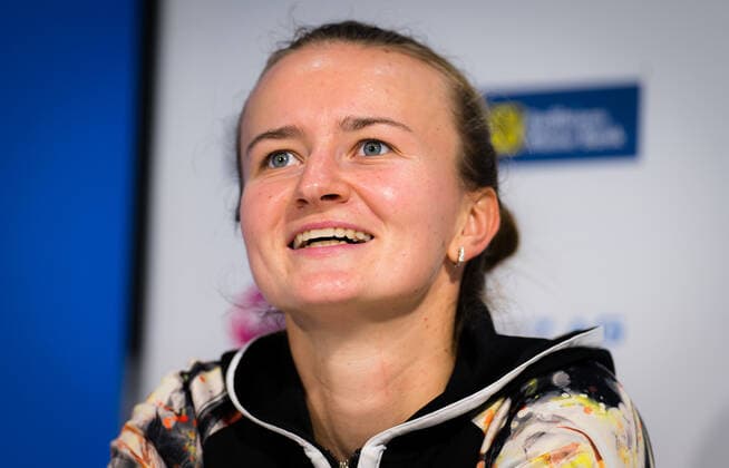 November 13, 2020, Linz, AUSTRIA: Barbora Krejcikova of the Czech Republic talks to the media after winning the quarter-final of the 2020 Upper Austria Ladies Linz WTA, Tennis Damen International tennis tournament Linz AUSTRIA - ZUMAa181 20201113_zaa_a181_045 Copyright: xRobxPrangex