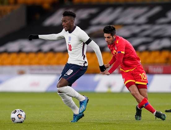 Callum Hudson-Odoi of England and Eric Vales of Andorra during the UEFA EURO, EM, Europameisterschaft,Fussball U21, U 21 Qualifying match at Molineux, Wolverhampton. Picture date: 13th November 2020. Picture credit should read: Andrew Yates Sportimage EDITORIAL USE ONLY. No use with unauthorised audio, video, data, fixture lists, club league logos or live services. Online in-match use limited to 120 images, no video emulation. No use in betting, games or single club league player publications. SPI-0753-0008