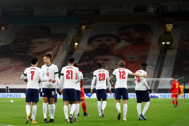 Football - 2021 UEFA European Under-21 Championship - Qualifying - Group 3 - England vs Andorra Curtis Jones of England celebrates scoring his sides first goal with Rhys Williams to make the score 1-0 COLORSPORT PAUL GREENWOOD 