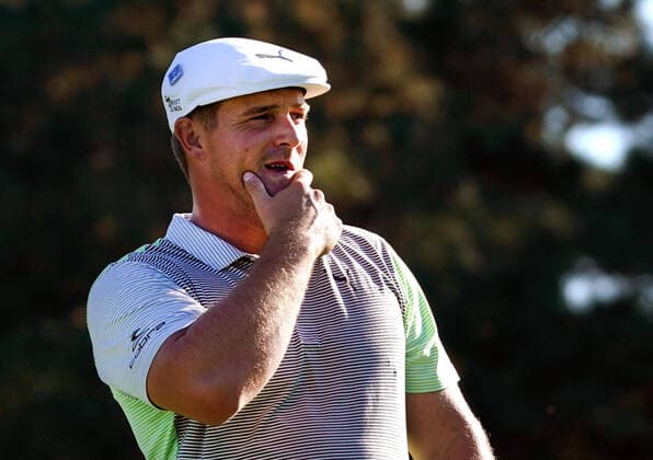 Bryson DeChambeau reacts after having to re-hit his tee shot after losing his ball not eh third hole during the second round of the 2020 Masters golf tournament at Augusta National Golf Club in Augusta, Georgia on Friday, November 13, 2020.  AUG20201113316 KEVINxDIETSCH