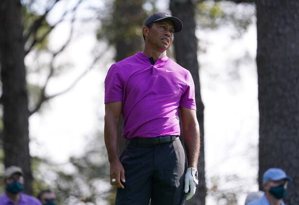 Tiger Woods reacts to his shot on the fourth hole during the third round of the 2020 Masters golf tournament at Augusta National Golf Club in Augusta, Georgia on Saturday, November 14, 2020.  AUG20201114312 KEVINxDIETSCH