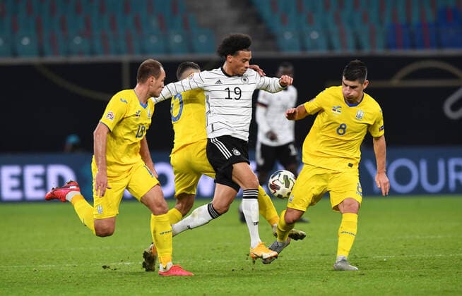 Fussball, Herren, Saison 2020 21, Nations League (Liga A, Gruppe 4, 5. Spieltag) in Leipzig, Deutschland - Ukraine, v. l. Yevgen Makarenko (Ukraine), Junior Moraes (Ukraine), Leroy Sane (Deutschland), Ruslan Malinovskyi (Ukraine), 14.11. 2020, Copyright: xMatthiasxKochx