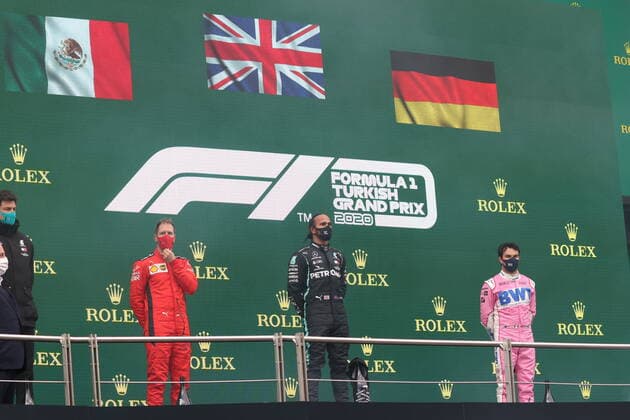 Motorsports: FIA Formula One World Championship, WM, Weltmeisterschaft 2020, Grand Prix of Turkey, Toto Wolff (AUT, Mercedes AMG Petronas Motorsport), 5 Sebastian Vettel (GER, Scuderia Ferrari Mission Winnow), 44 Lewis Hamilton (GBR, Mercedes-AMG Petronas Formula One Team), 18 Lance Stroll (CAN, BWT Racing Point F1 Team), Istanbul Turkey