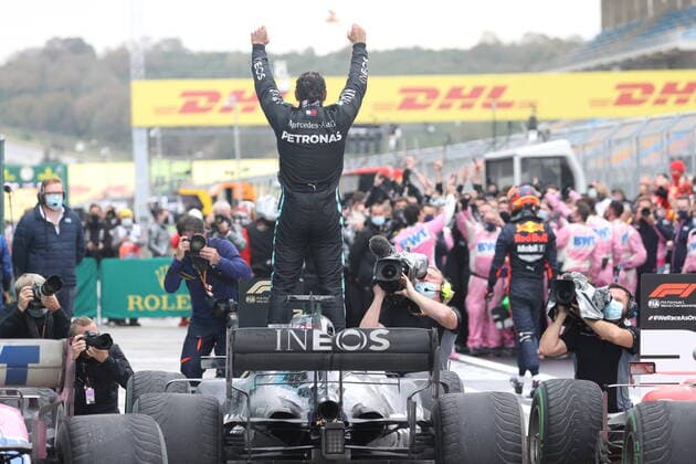 Motorsports: FIA Formula One World Championship, WM, Weltmeisterschaft 2020, Grand Prix of Turkey, 44 Lewis Hamilton (GBR, Mercedes-AMG Petronas Formula One Team) celebrates winning the F1 World Drivers Championship 2020 Istanbul Turkey
