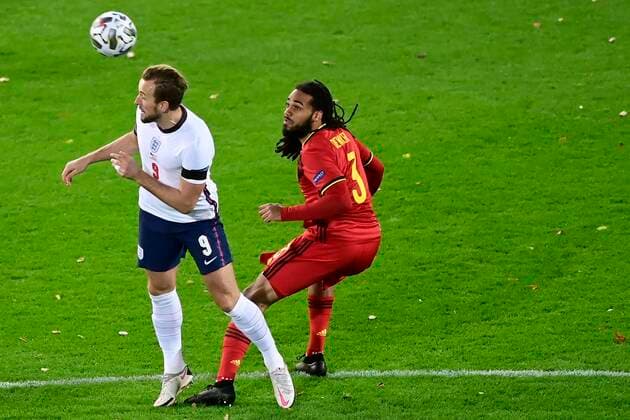 LEUVEN, BELGIUM - NOVEMBER 15 : Harry Kane forward of England battles for the ball with Jason Denayer defender of Belgium during the UEFA Nations League match group stage final tournament - League A - Group 2 between Belgium and England on November 15, 2020 in Leuven, Belgium, 15 11 2020 ( Photo by Peter De Voecht Photonews FOOTBALL : UEFA Nations League - League A - Group 2 - Belgique vs Angleterre - 15 11 2020 PHOTONEWS PANORAMIC 