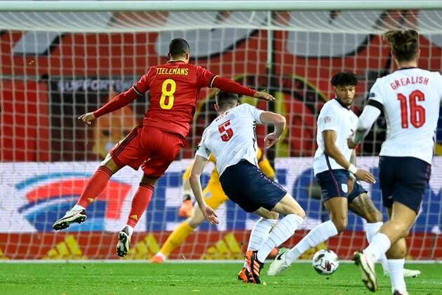 LEUVEN, BELGIUM - NOVEMBER 15 : Youri Tielemans midfielder of Belgium scoring the opening goal during the UEFA Nations League match group stage final tournament - League A - Group 2 between Belgium and England on November 15, 2020 in Leuven, Belgium, 15 11 2020 ( Photo by Nico Vereecken Photo News FOOTBALL : UEFA Nations League - League A - Group 2 - Belgique vs Angleterre - 15 11 2020 PHOTONEWS PANORAMIC 