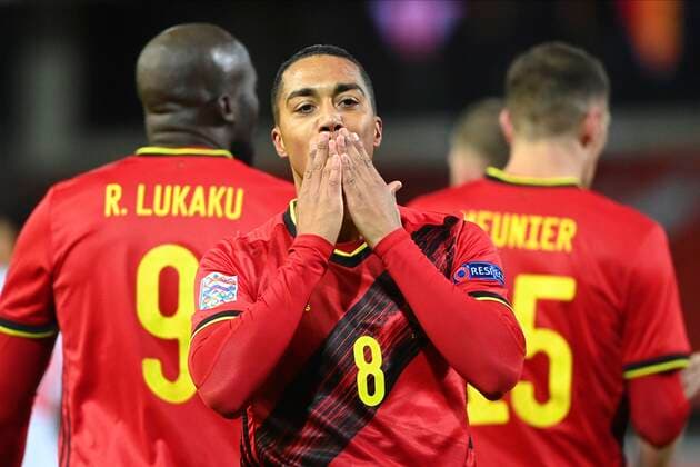 LEUVEN, BELGIUM - NOVEMBER 15 : Youri Tielemans midfielder of Belgium celebrates scoring the opening goal during the UEFA Nations League match group stage final tournament - League A - Group 2 between Belgium and England on November 15, 2020 in Leuven, Belgium, 15 11 2020 ( Photo by Vincent Kalut Photonews FOOTBALL : UEFA Nations League - League A - Group 2 - Belgique vs Angleterre - 15 11 2020 PHOTONEWS PANORAMIC 