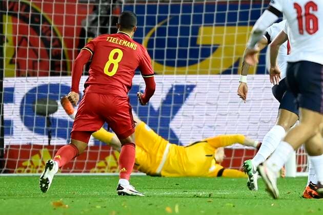 LEUVEN, BELGIUM - NOVEMBER 15 : Youri Tielemans midfielder of Belgium scoring the opening goal during the UEFA Nations League match group stage final tournament - League A - Group 2 between Belgium and England on November 15, 2020 in Leuven, Belgium, 15 11 2020 ( Photo by Nico Vereecken Photo News FOOTBALL : UEFA Nations League - League A - Group 2 - Belgique vs Angleterre - 15 11 2020 PHOTONEWS PANORAMIC 