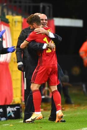 LEUVEN, BELGIUM - NOVEMBER 15 : Dries Mertens forward of Belgium celebrates after scoring with Roberto Martinez head coach of Belgian Team during the UEFA Nations League match group stage final tournament - League A - Group 2 between Belgium and England on November 15, 2020 in Leuven, Belgium, 15 11 2020 ( Photo by Vincent Kalut Photonews FOOTBALL : UEFA Nations League - League A - Group 2 - Belgique vs Angleterre - 15 11 2020 PHOTONEWS PANORAMIC 