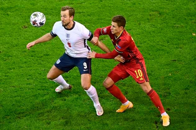 LEUVEN, BELGIUM - NOVEMBER 15 : Thorgan Hazard midfielder of Belgium battles for the ball with Harry Kane forward of England during the UEFA Nations League match group stage final tournament - League A - Group 2 between Belgium and England on November 15, 2020 in Leuven, Belgium, 15 11 2020 ( Photo by Peter De Voecht Photonews FOOTBALL : UEFA Nations League - League A - Group 2 - Belgique vs Angleterre - 15 11 2020 PHOTONEWS PANORAMIC 