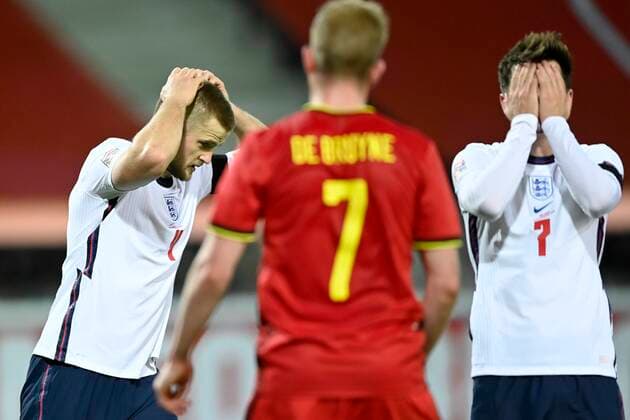LEUVEN, BELGIUM - NOVEMBER 15 : Eric Dier defender of England and Mason Mount midfielder of England looking dejected during the UEFA Nations League match group stage final tournament - League A - Group 2 between Belgium and England on November 15, 2020 in Leuven, Belgium, 15 11 2020 ( Photo by Nico Vereecken Photo News FOOTBALL : UEFA Nations League - League A - Group 2 - Belgique vs Angleterre - 15 11 2020 PHOTONEWS PANORAMIC 