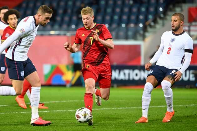 LEUVEN, BELGIUM - NOVEMBER 15 : Kevin De Bruyne forward of Belgium during the UEFA Nations League match group stage final tournament - League A - Group 2 between Belgium and England on November 15, 2020 in Leuven, Belgium, 15 11 2020 ( Photo by Vincent Kalut Photonews FOOTBALL : UEFA Nations League - League A - Group 2 - Belgique vs Angleterre - 15 11 2020 PHOTONEWS PANORAMIC 