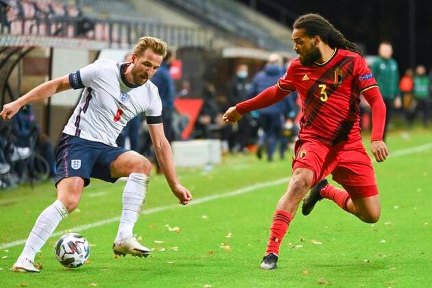 LEUVEN, BELGIUM - NOVEMBER 15 : Kieran Trippier defender of England, Jason Denayer defender of Belgium during the UEFA Nations League match group stage final tournament - League A - Group 2 between Belgium and England on November 15, 2020 in Leuven, Belgium, 15 11 2020 ( Photo by Vincent Kalut Photonews FOOTBALL : UEFA Nations League - League A - Group 2 - Belgique vs Angleterre - 15 11 2020 PHOTONEWS PANORAMIC 