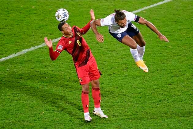 LEUVEN, BELGIUM - NOVEMBER 15 : Youri Tielemans midfielder of Belgium battles for the ball with Dominic Calvert-Lewin forward of England during the UEFA Nations League match group stage final tournament - League A - Group 2 between Belgium and England on November 15, 2020 in Leuven, Belgium, 15 11 2020 ( Photo by Peter De Voecht Photonews FOOTBALL : UEFA Nations League - League A - Group 2 - Belgique vs Angleterre - 15 11 2020 PHOTONEWS PANORAMIC 