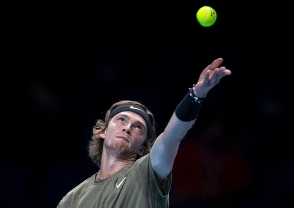(201116) -- LONDON, Nov. 16, 2020 -- Andrey Rublev of Russia competes during the singles group match against Rafael Nadal of Spain at the ATP, Tennis Herren World Tour Finals 2020 in London, Britain, on Nov. 15, 2020. ) (SP) BRITAIN-LONDON-TENNIS-ATP FINAL-DAY 1 HanxYan 