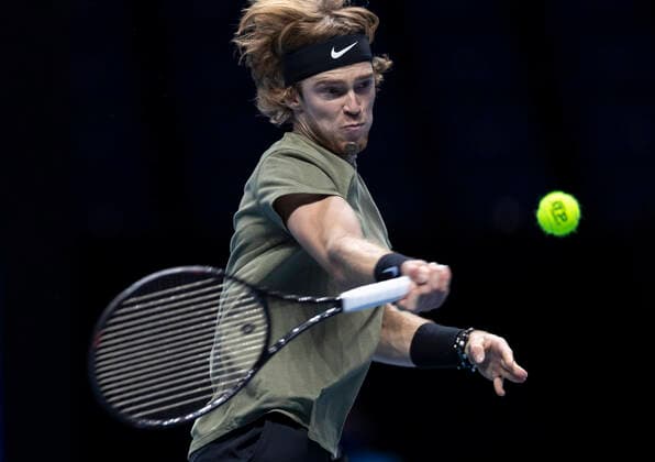 (201116) -- LONDON, Nov. 16, 2020 -- Andrey Rublev of Russia competes during the singles group match against Rafael Nadal of Spain at the ATP, Tennis Herren World Tour Finals 2020 in London, Britain, on Nov. 15, 2020. ) (SP) BRITAIN-LONDON-TENNIS-ATP FINAL-DAY 1 HanxYan 