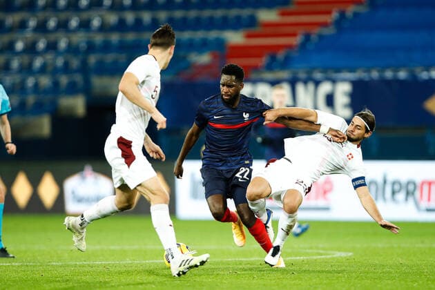 Odssone Edouard ( France ) - Bamert Jan ( Suisse ) - Zesiger Cedric ( Suisse ) - FOOTBALL : France vs Suisse - Caen - 16 11 2020 FedericoPestellini Panoramic 