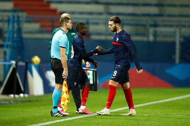 Amine Gouiri ( France ) - Moussa Diaby ( France ) - FOOTBALL : France vs Suisse - Caen - 16 11 2020 FedericoPestellini Panoramic 