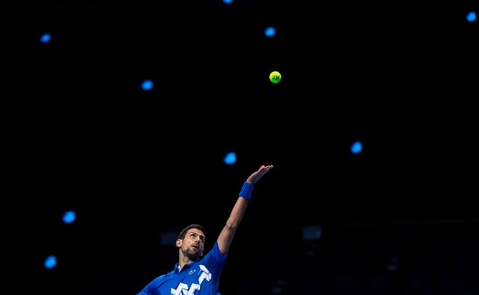 (201117) -- LONDON, Nov. 17, 2020 -- Novak Djokovic of Serbia serves during the singles group match against Diego Schwartzman of Argentina at the ATP, Tennis Herren World Tour Finals 2020 in London, Britain, on Nov. 16, 2020. ) (SP)BRITAIN-LONDON-TENNIS-ATP FINALS-DAY 2 HanxYan 