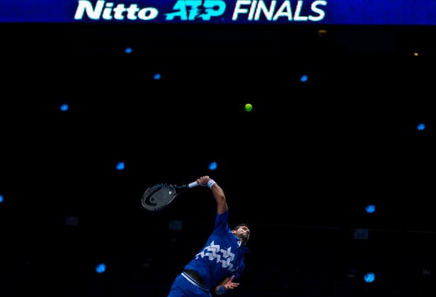 (201117) -- LONDON, Nov. 17, 2020 -- Novak Djokovic of Serbia serves during the singles group match against Diego Schwartzman of Argentina at the ATP, Tennis Herren World Tour Finals 2020 in London, Britain, on Nov. 16, 2020. ) (SP)BRITAIN-LONDON-TENNIS-ATP FINALS-DAY 2 HanxYan 