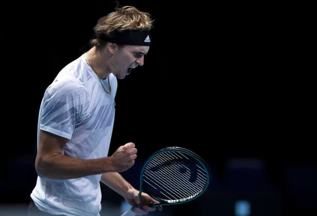 (201117) -- LONDON, Nov. 17, 2020 -- Alexander Zverev of Germany celebrates during the singles group match against Daniil Medvedev of Russia at the ATP, Tennis Herren World Tour Finals 2020 in London, Britain, on Nov. 16, 2020. ) (SP)BRITAIN-LONDON-TENNIS-ATP FINALS-DAY 2 HanxYan 