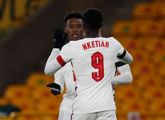 Callum Hudson-Odoi of England celebrates scoring the first goal with Eddie Nketiah of Englandduring the UEFA EURO, EM, Europameisterschaft,Fussball U21, U 21 Qualifying match at Molineux, Wolverhampton. Picture date: 17th November 2020. Picture credit should read: Darren Staples Sportimage EDITORIAL USE ONLY. No use with unauthorised audio, video, data, fixture lists, club league logos or live services. Online in-match use limited to 120 images, no video emulation. No use in betting, games or single club league player publications. SPI-0758-0009