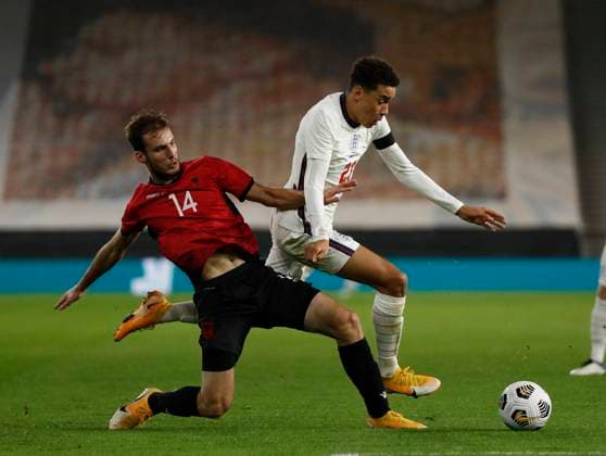 Jamal Musiala of England skips past Mario Mitaj of Albania during the UEFA EURO, EM, Europameisterschaft,Fussball U21, U 21 Qualifying match at Molineux, Wolverhampton. Picture date: 17th November 2020. Picture credit should read: Darren Staples Sportimage EDITORIAL USE ONLY. No use with unauthorised audio, video, data, fixture lists, club league logos or live services. Online in-match use limited to 120 images, no video emulation. No use in betting, games or single club league player publications. SPI-0758-0012