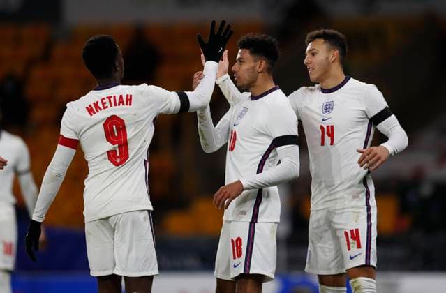 James Justin of England (c) celebrates scoring their second goal during the UEFA EURO, EM, Europameisterschaft,Fussball U21, U 21 Qualifying match at Molineux, Wolverhampton. Picture date: 17th November 2020. Picture credit should read: Darren Staples Sportimage EDITORIAL USE ONLY. No use with unauthorised audio, video, data, fixture lists, club league logos or live services. Online in-match use limited to 120 images, no video emulation. No use in betting, games or single club league player publications. SPI-0758-0019