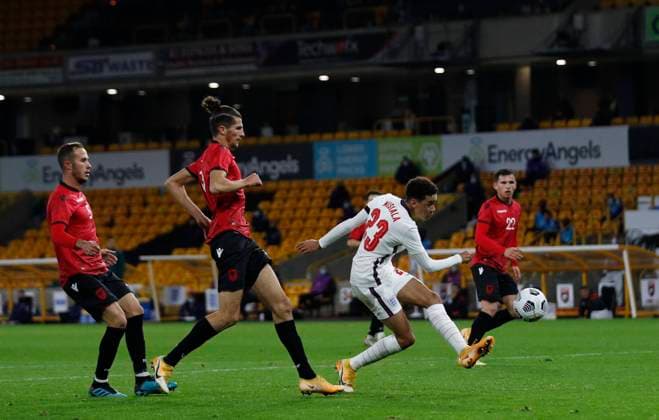 Jamal Musiala of England scores their third goal and also a debut goal during the UEFA EURO, EM, Europameisterschaft,Fussball U21, U 21 Qualifying match at Molineux, Wolverhampton. Picture date: 17th November 2020. Picture credit should read: Darren Staples Sportimage EDITORIAL USE ONLY. No use with unauthorised audio, video, data, fixture lists, club league logos or live services. Online in-match use limited to 120 images, no video emulation. No use in betting, games or single club league player publications. SPI-0758-0021