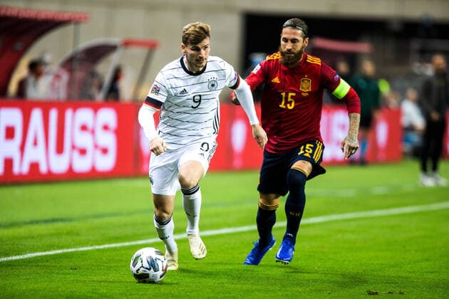 November 17, 2020, Sevilla, SEVILLA, SPAIN: Timo Werner of Germany and Sergio Ramos of Spain during the UEFA Nations league match between Spain and Germany at the la Cartuja Stadium on November 17, 2020 in Sevilla Spain Sevilla SPAIN - ZUMAa181 20201117_zaa_a181_016 Copyright: xJoaquinxCorcherox