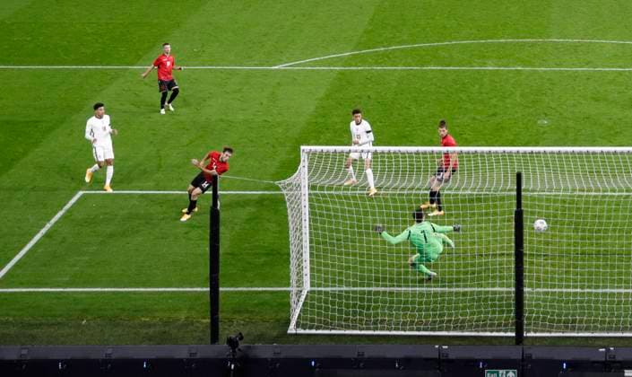 James Justin of England scores the second goal during the UEFA EURO, EM, Europameisterschaft,Fussball U21, U 21 Qualifying match at Molineux, Wolverhampton. Picture date: 17th November 2020. Picture credit should read: Darren Staples Sportimage EDITORIAL USE ONLY. No use with unauthorised audio, video, data, fixture lists, club league logos or live services. Online in-match use limited to 120 images, no video emulation. No use in betting, games or single club league player publications. SPI-0758-0028