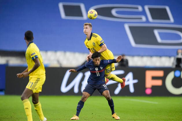 Kingsley Coman (France) vs Emil Krafth (Sweden) FOOTBALL : France vs Suede - Ligue des Nations - stade de France - 17 11 2020 JBAutissier Panoramic 
