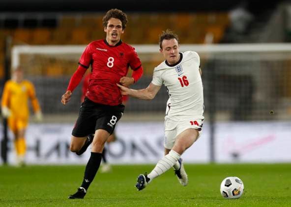 Redon Mihana of Albania challenges Oliver Skipp of England during the UEFA EURO, EM, Europameisterschaft,Fussball U21, U 21 Qualifying match at Molineux, Wolverhampton. Picture date: 17th November 2020. Picture credit should read: Darren Staples Sportimage EDITORIAL USE ONLY. No use with unauthorised audio, video, data, fixture lists, club league logos or live services. Online in-match use limited to 120 images, no video emulation. No use in betting, games or single club league player publications. SPI-0758-0076