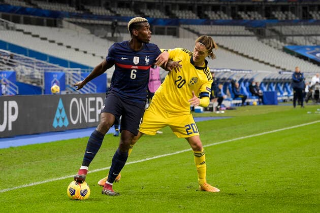 Paul Pogba (France) vs Kristoffer Olsson (Sweden) FOOTBALL : France vs Suede - Ligue des Nations - stade de France - 17 11 2020 JBAutissier Panoramic 