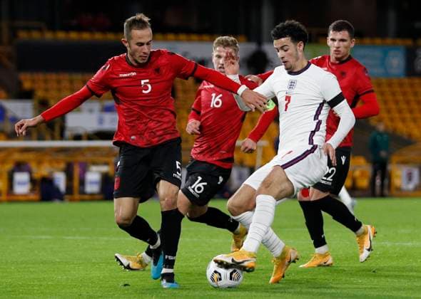 Elion Sota of Albania challenges Curtis Jones of England during the UEFA EURO, EM, Europameisterschaft,Fussball U21, U 21 Qualifying match at Molineux, Wolverhampton. Picture date: 17th November 2020. Picture credit should read: Darren Staples Sportimage EDITORIAL USE ONLY. No use with unauthorised audio, video, data, fixture lists, club league logos or live services. Online in-match use limited to 120 images, no video emulation. No use in betting, games or single club league player publications. SPI-0758-0098