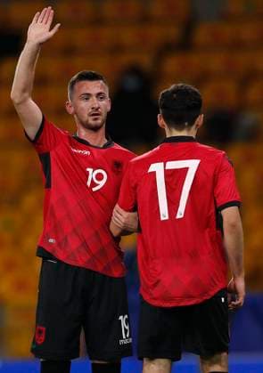 Redon Xhixha of Albania during the UEFA EURO, EM, Europameisterschaft,Fussball U21, U 21 Qualifying match at Molineux, Wolverhampton. Picture date: 17th November 2020. Picture credit should read: Darren Staples Sportimage EDITORIAL USE ONLY. No use with unauthorised audio, video, data, fixture lists, club league logos or live services. Online in-match use limited to 120 images, no video emulation. No use in betting, games or single club league player publications. SPI-0758-0099