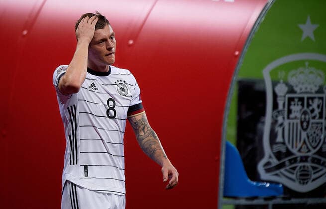 (201118) -- SEVILLE, Nov. 18, 2020 -- Toni Kroos of Germany reacts after the UEFA Nations League group match between Spain and Germany in Estadio La Cartuja in Seville, Spain, Nov. 17, 2020. (Photo by Xinhua) (SP)SPAIN-SEVILLE-UEFA NATIONS LEAGUE-SPAIN VS GERMANY PabloxMorano 