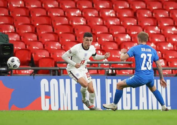 Phil Foden of England shows sublime skill against Ari Skulason of Iceland during the UEFA Nations League match at Wembley Stadium, London. Picture date: 18th November 2020. Picture credit should read: David Klein Sportimage EDITORIAL USE ONLY. No use with unauthorised audio, video, data, fixture lists, club league logos or live services. Online in-match use limited to 120 images, no video emulation. No use in betting, games or single club league player publications. SPI-0760-0076