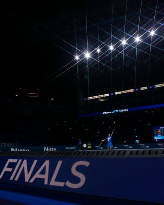(201119) -- LONDON, Nov. 19, 2020 -- Novak Djokovic of Serbia serves during the singles group match against Daniil Medvedev of Russia at the ATP, Tennis Herren World Tour Finals 2020 in London, Britain, on Nov. 18, 2020. ) (SP)BRITAIN-LONDON-TENNIS-ATP FINALS-DAY 4 HanxYan 