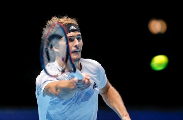 (201119) -- LONDON, Nov. 19, 2020 -- Alexander Zverev of Germany hits a return during the singles group match against Diego Schwartzman of Argentina at the ATP, Tennis Herren World Tour Finals 2020 in London, Britain, on Nov. 18, 2020. ) (SP)BRITAIN-LONDON-TENNIS-ATP FINALS-DAY 4 HanxYan 