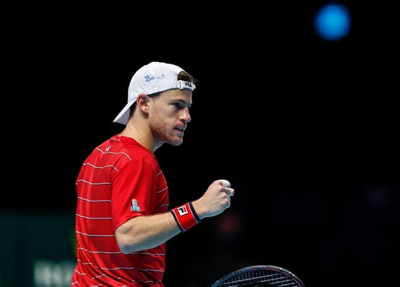 (201119) -- LONDON, Nov. 19, 2020 -- Diego Schwartzman of Argentina celebrates during the singles group match against Alexander Zverev of Germany at the ATP, Tennis Herren World Tour Finals 2020 in London, Britain, on Nov. 18, 2020. ) (SP)BRITAIN-LONDON-TENNIS-ATP FINALS-DAY 4 HanxYan 