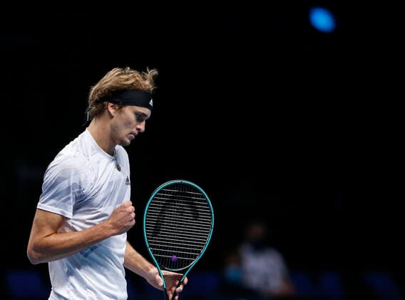 (201119) -- LONDON, Nov. 19, 2020 -- Alexander Zverev of Germany celebrates during the singles group match against Diego Schwartzman of Argentina at the ATP, Tennis Herren World Tour Finals 2020 in London, Britain, on Nov. 18, 2020. ) (SP)BRITAIN-LONDON-TENNIS-ATP FINALS-DAY 4 HanxYan 