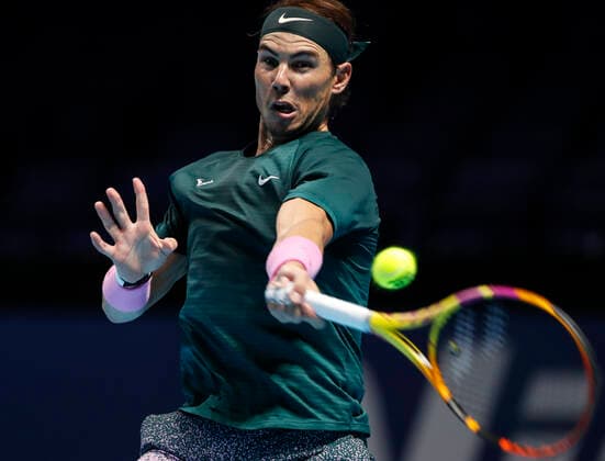 (201120) -- LONDON, Nov. 20, 2020 -- Rafael Nadal of Spain competes during the singles group match against Stefanos Tsitsipas of Greece at the ATP, Tennis Herren World Tour Finals 2020 in London, Britain, on Nov. 19, 2020. ) (SP)BRITAIN-LONDON-TENNIS-ATP FINALS-DAY 5 HanxYan 