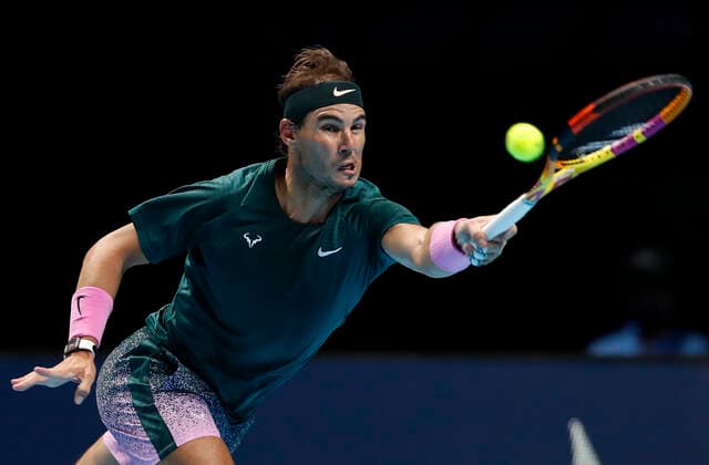 (201120) -- LONDON, Nov. 20, 2020 -- Rafael Nadal of Spain competes during the singles group match against Stefanos Tsitsipas of Greece at the ATP, Tennis Herren World Tour Finals 2020 in London, Britain, on Nov. 19, 2020. ) (SP)BRITAIN-LONDON-TENNIS-ATP FINALS-DAY 5 HanxYan 