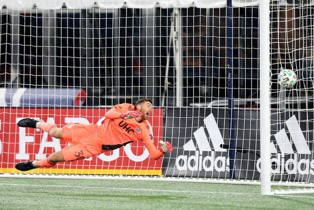 November 20, 2020; Foxborough, MA, USA; New England Revolution goalkeeper Matt Turner (30) unable to make the save glances at the ball in the goal during the Eastern Conference Play-in round between Montreal Impact and New England Revolution at Gillette Stadium. CSM Foxborough United States - ZUMAc04_ 20201120_zaf_c04_002 Copyright: xAnthonyxNesmithx