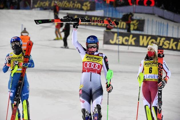 Bilder des Jahres 2020, Sport 11 November Sport Themen der Woche KW47 Sport Bilder des Tages Petra Vlhova (C) of Slovakia celebrates her victory with second-placed Mikaela Shiffrin (L) of the United States and third-placed Katharina Liensberger of Austria after the second run of the FIS Alpine Ski World Cup women s slalom race at the Levi ski resort in Kittilä, Finnish Lapland, on November 21, 2020. Kittilä Finland LKFTJK20201121150857RDRO  Copyright: xJussixNukarix