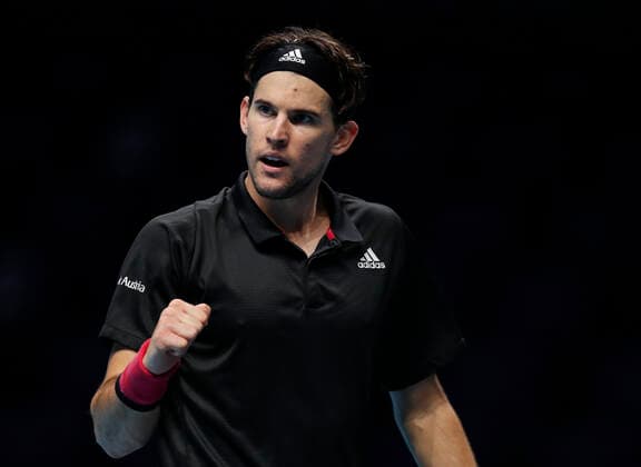 (201122) -- LONDON, Nov. 22, 2020 -- Dominic Thiem of Austria celebrates during the singles group semifinal against Novak Djokovic of Serbia at the ATP, Tennis Herren World Tour Finals 2020 in London, Britain, Nov. 21, 2020. ) (SP)BRITAIN-LONDON-TENNIS-ATP FINALS-SEMIFINAL HanxYan 