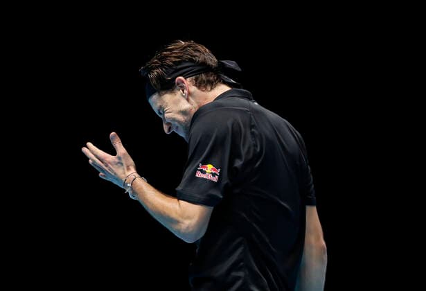 (201122) -- LONDON, Nov. 22, 2020 -- Dominic Thiem of Austria reacts during the singles group semifinal against Novak Djokovic of Serbia at the ATP, Tennis Herren World Tour Finals 2020 in London, Britain, Nov. 21, 2020. ) (SP)BRITAIN-LONDON-TENNIS-ATP FINALS-SEMIFINAL HanxYan 