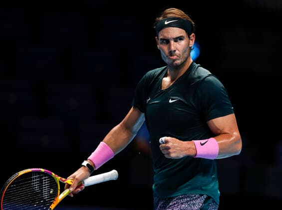 (201122) -- LONDON, Nov. 22, 2020 -- Rafael Nadal of Spain reacts during the singles semifinal against Daniil Medvedev of Russia at the ATP, Tennis Herren World Tour Finals 2020 in London, Britain, on Nov. 21, 2020. ) (SP)BRITAIN-LONDON-TENNIS-ATP FINALS-SEMIFINAL HanxYan 